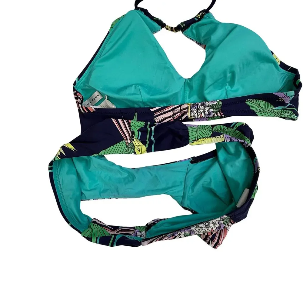 Trina Turk Tropical Floral Halter Bikini Set Navy Botanical Gold Hardware US 8 - Picture 14 of 14